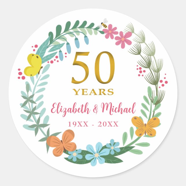 Sticker Rond 50e Anniversaire de Mariage Papillon Floral Doré (Devant)