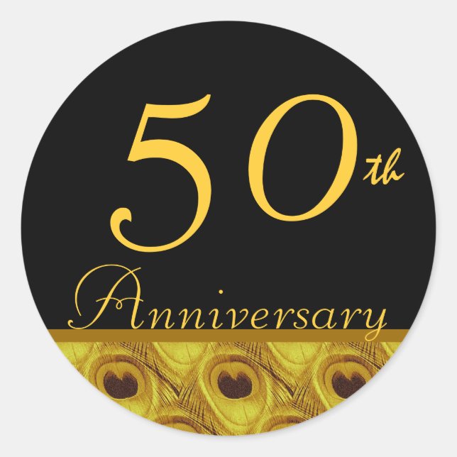 Sticker Rond 50e anniversaire de Mariage Plumes de paon or (Devant)