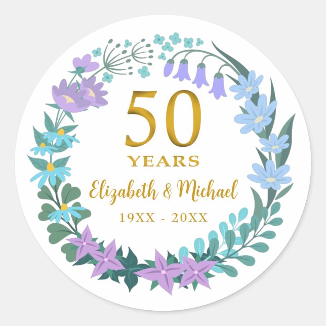 Sticker Rond 50e anniversaire du Mariage Cloches bleues florale (Devant)