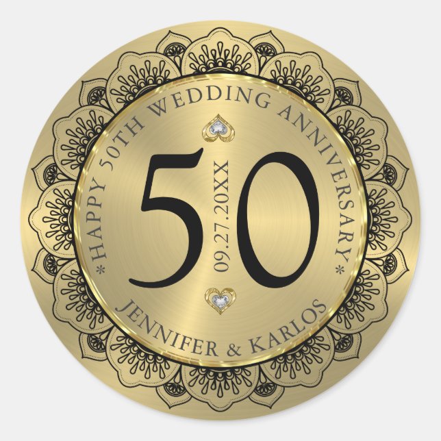 Sticker Rond 50e anniversaire du mariage dentelle noire et or (Devant)