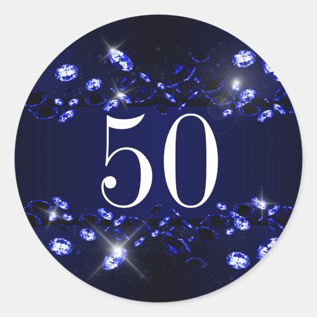 Sticker Rond 50e anniversaire femme bleu noir brillant Diamant (Devant)