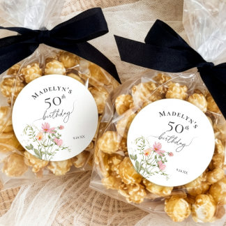 Sticker Rond 50e anniversaire fleurs sauvages féminines