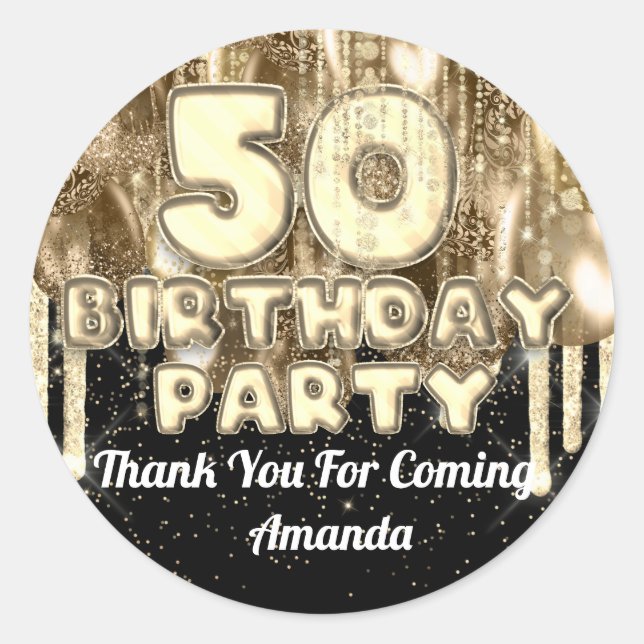 Sticker Rond 50e anniversaire Gold BALLONS Merci pour le nom (Devant)