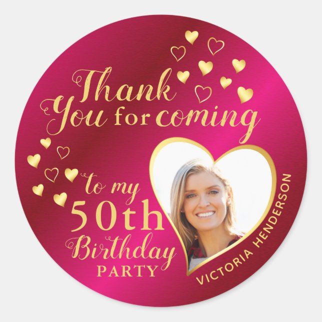 Sticker Rond 50e anniversaire Hot rose et Merci d'or Favor (Devant)