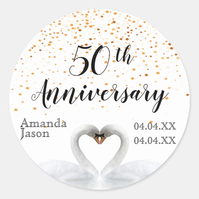 Sticker Rond 50e anniversaire mariage cygnes blancs en or confe (Devant)