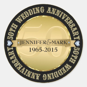 Sticker Rond 50E Anniversaire Mariage Métallic Or & Noir