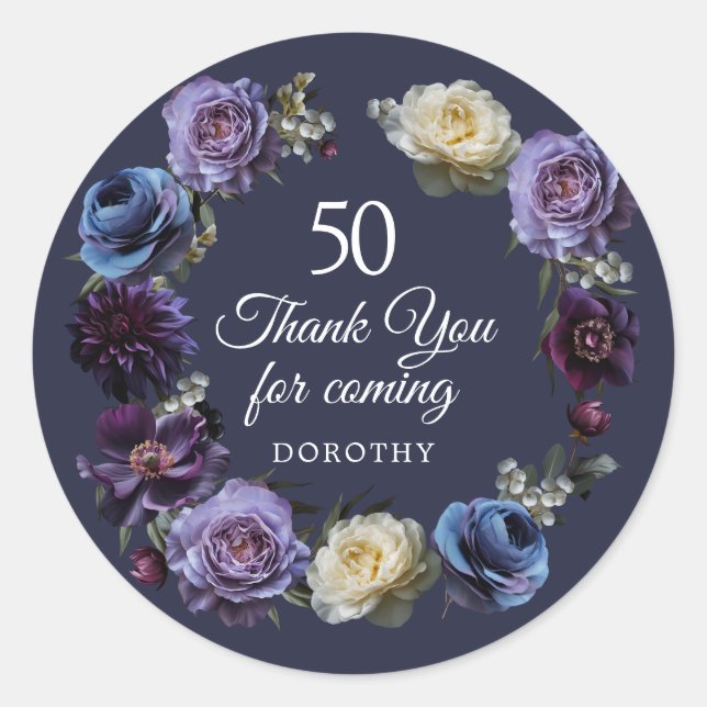 Sticker Rond 50e anniversaire Moody Purple Flower Merci Favor (Devant)