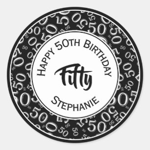 Sticker Rond 50e anniversaire Numéro 50 Motif noir et blanc