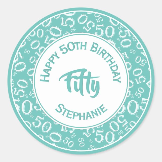 Sticker Rond 50e anniversaire Numéro 50 Motif Turquoise et blan (Devant)