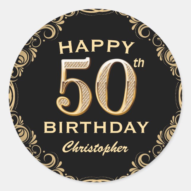 Sticker Rond 50e anniversaire Parties scintillant noir et or ca (Devant)