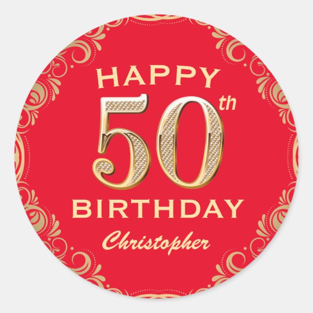 Sticker Rond 50e anniversaire Parties scintillant rouge et or c (Devant)