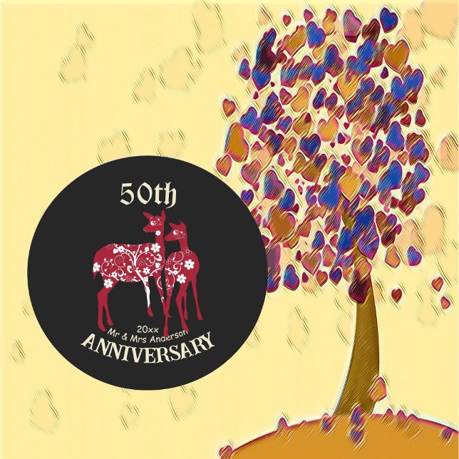 Sticker Rond 50e anniversaire Reindeer Couple Art Décoratif (50th Anniversary Reindeer Couple Decorative Art Classic Round Sticker)