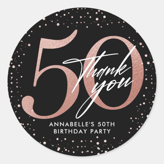 Sticker Rond 50e anniversaire Rose Gold & Black Merci (Devant)
