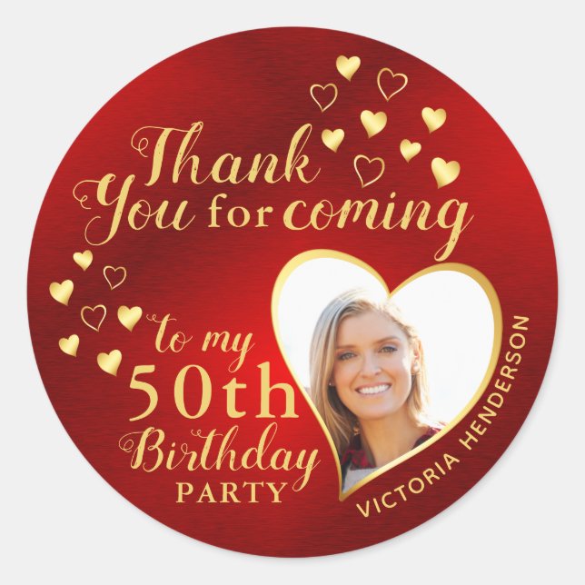 Sticker Rond 50e anniversaire Rouge et Gold Favor Merci (Devant)