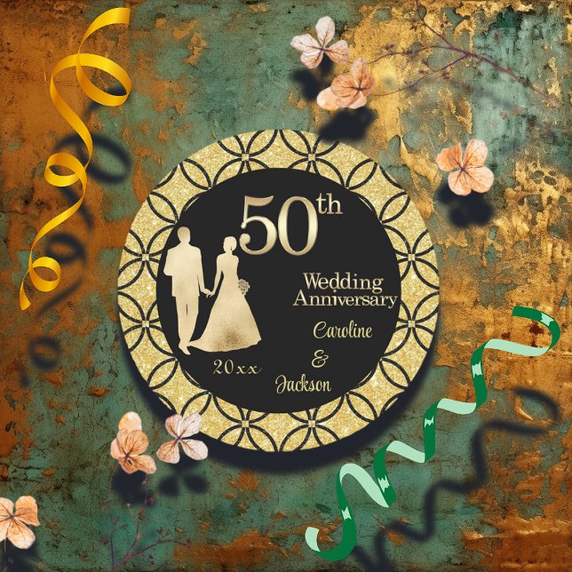 Sticker Rond 50e Couple d'or Parties scintillant Mariage Annive (Créateur téléchargé)