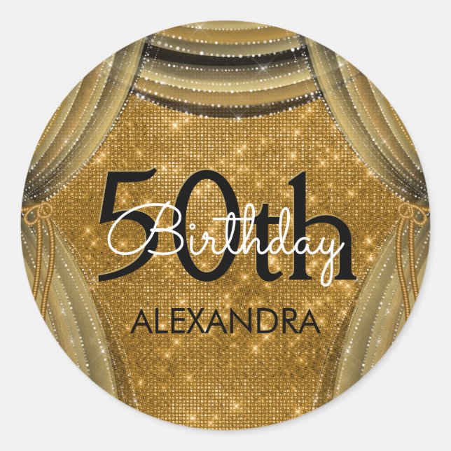 Sticker Rond 50e fête d'anniversaire Black and Gold Sparkle (Devant)