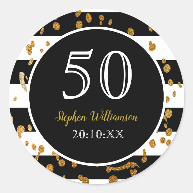 Sticker Rond 50e fête d'anniversaire| Black White and Gold Part (Devant)