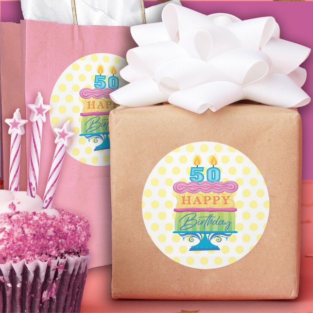 Sticker Rond 50e Joyeux gâteau d'anniversaire Dots jaunes (Créateur téléchargé)