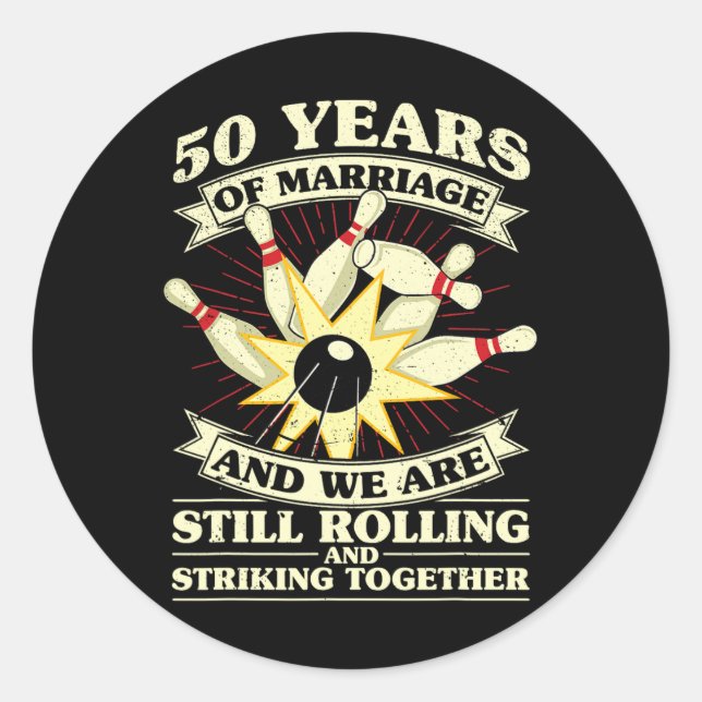 Sticker Rond 50e Mariage Anniversaire Bowling marié épouse Husb (Devant)