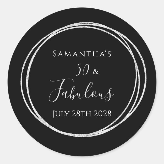 Sticker Rond 50th Birthday Black Silver 50 and Fabulous Party (Devant)