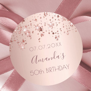 Sticker Rond 50th birthday party rose gold shiny stars glittery