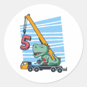 Sticker Rond 5 ans 5e anniversaire grue mobile dinosaure