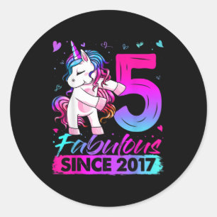 Sticker Rond 5 Ans Unicorne Flossant 5e Anniversaire Girl Uni