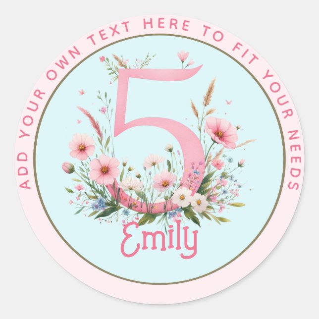 Sticker Rond 5e anniversaire Fairy Floral Pink Princess Fairyta (Devant)