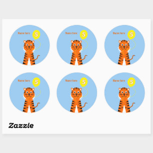 Sticker Rond 5e anniversaire tiger ajouter nom bleu orange