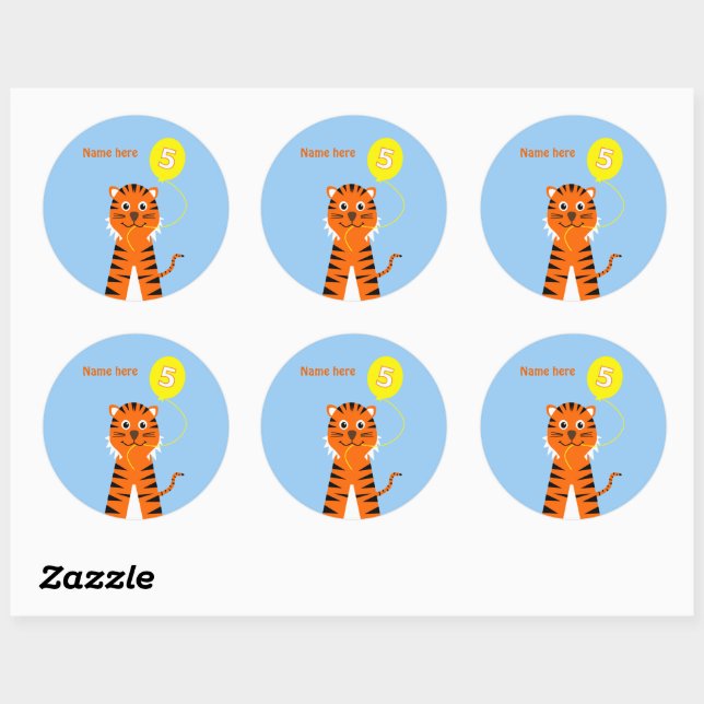Sticker Rond 5e anniversaire tiger ajouter nom bleu orange (Feuille)
