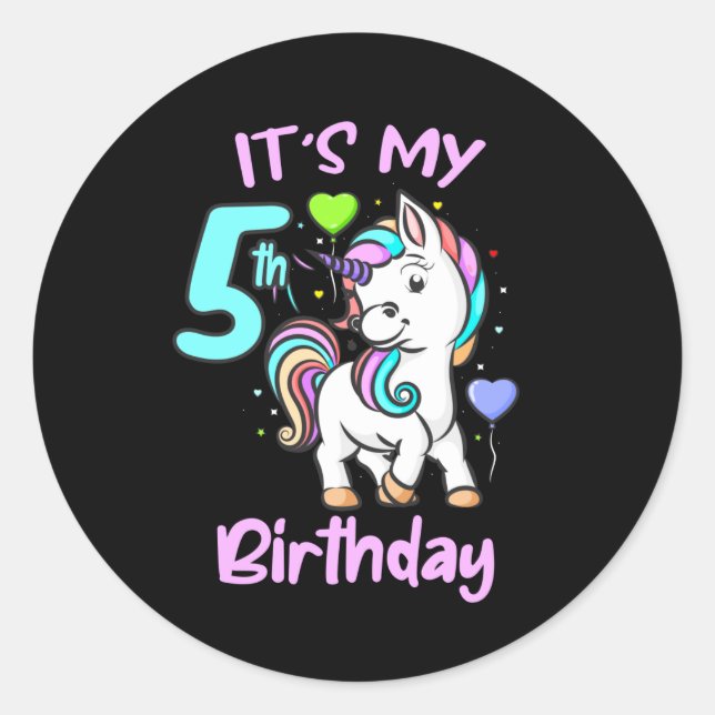 Sticker Rond 5e Anniversaire Unicorn Cadeaux Enfants Pour Fille (Devant)
