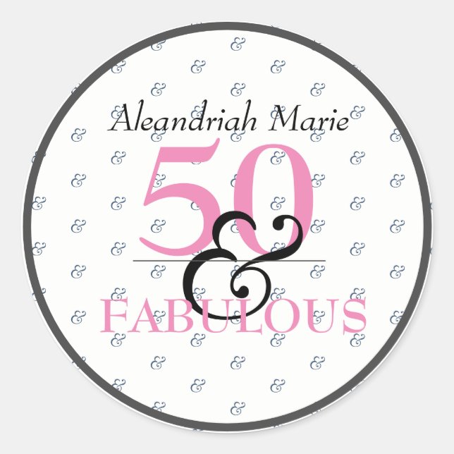 Sticker Rond 5O et fabuleux Noir rose et blanc anniversaire (Devant)