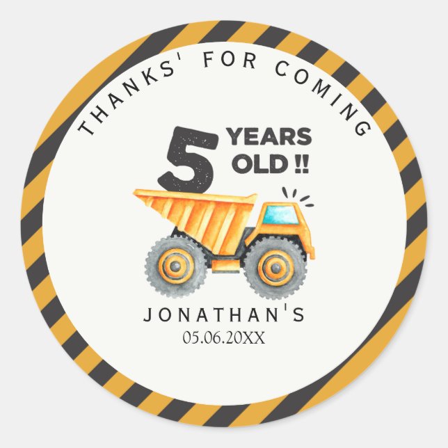 Sticker Rond 5th birthday boy construction truck (Devant)