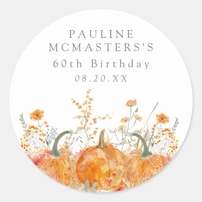 Sticker Rond 60e anniversaire Citrouille Fleur sauvage personna (Devant)