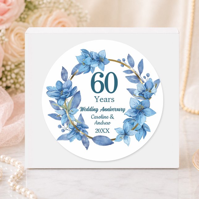Sticker Rond 60e Anniversaire de Mariage Diamant Fleur Bleue (Créateur téléchargé)
