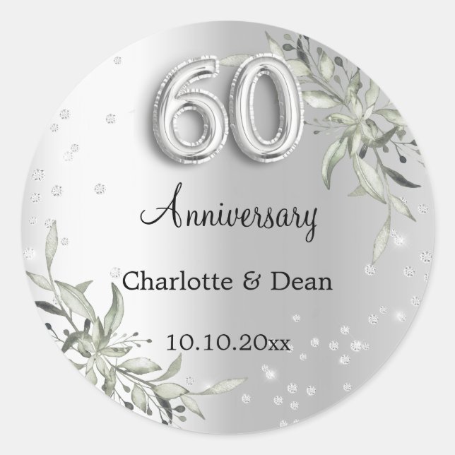 Sticker Rond 60e anniversaire de mariage diamants argent (Devant)