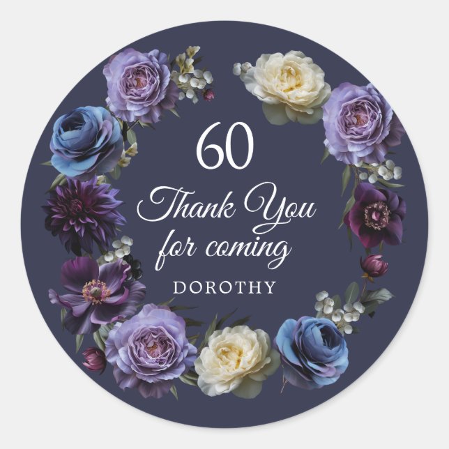 Sticker Rond 60e anniversaire Moody Purple Flower Merci Favor (Devant)