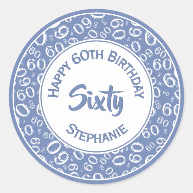 Sticker Rond 60e anniversaire Numéro Motif 60 Bleu et Blanc (Devant)