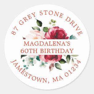 Sticker Rond 60e anniversaire Rose Floral Adresse de retour Lab