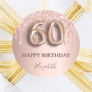 Sticker Rond 60e anniversaire rose gouttes rose or