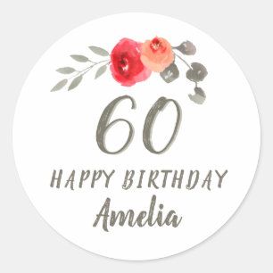 Sticker Rond 60e anniversaire Script Aquarelle Floral Femme