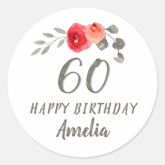 Sticker Rond 60e anniversaire Script Aquarelle Floral Femme (Devant)