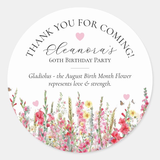 Sticker Rond 60th Birthday August Birth Flower Custom Favor (Devant)
