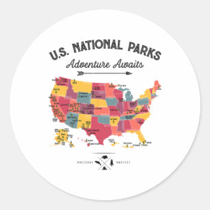 Sticker Rond 63 Carte des parcs nationaux Parc américain Rétro 