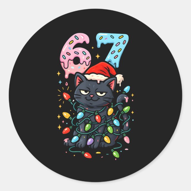 Sticker Rond 67 Black Cat Christmas Ice Cream Drip Santa Hat Si (Devant)