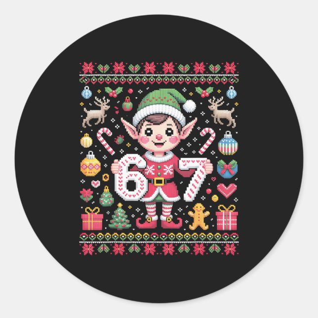Sticker Rond 67 Christmas Elf Ugly Sweater Cute 6 7 Meme Xmas B (Devant)