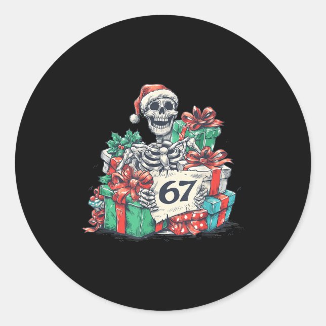 Sticker Rond 67 Christmas Skeleton Xmas Santa Hat Six Seven Fun (Devant)