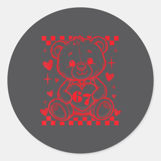 Sticker Rond 67 Cute Heart Teddy Bear Valentine's Day Six Seven (Devant)