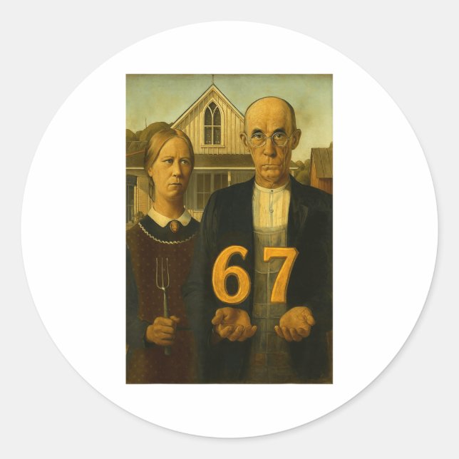 Sticker Rond 67 Meme American Gothic Art Six Seven Gen Alpha Sl (Devant)