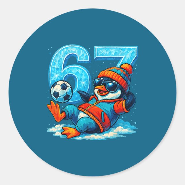 Sticker Rond 67 Penguin Soccer Funny Winter Meme Gift  (Devant)
